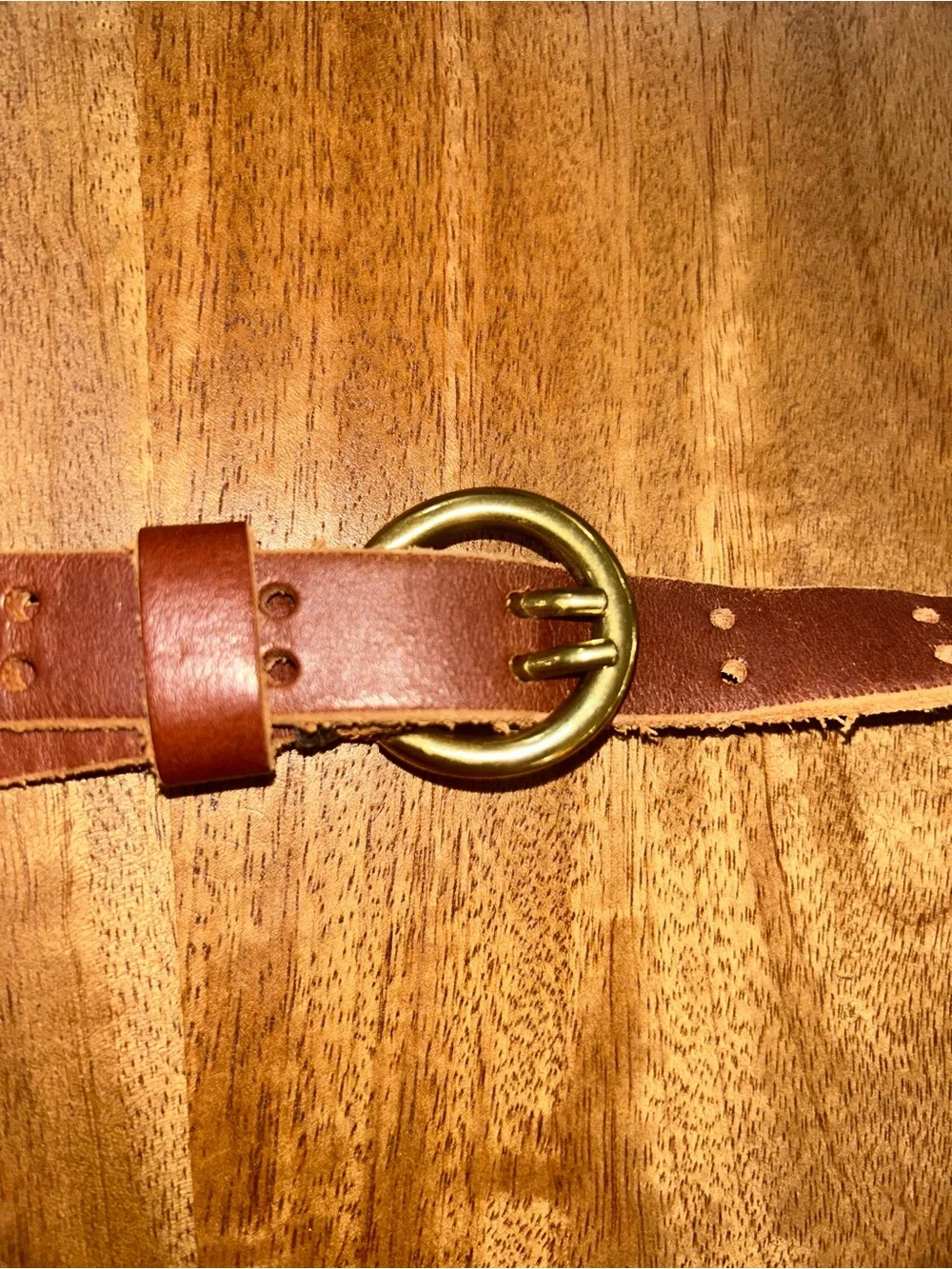 Women’s Brown Leather Double-Prong Belt with Antique Brass Buckle